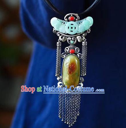 Chinese Classical Necklet Pendant Handmade National Jade Necklace Silver Tassel Accessories