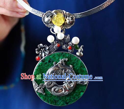 Chinese Classical Jadeite Necklet Pendant Handmade National Topaz Necklace Silver Bat Accessories