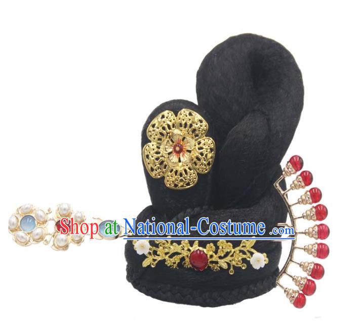 Chinese Classical Dance Wigs Chignon and Hairpin Traditional Tang Dynasty Flying Apsaras Dance Headwear