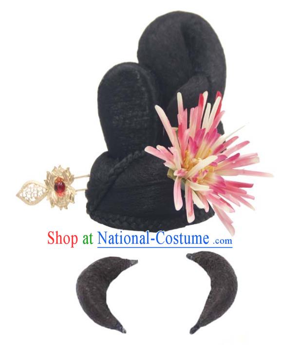 Chinese Traditional Tang Dynasty Wigs Chignon and Pink Silk Flower Hairpin Classical Flying Apsaras Dance Headdress