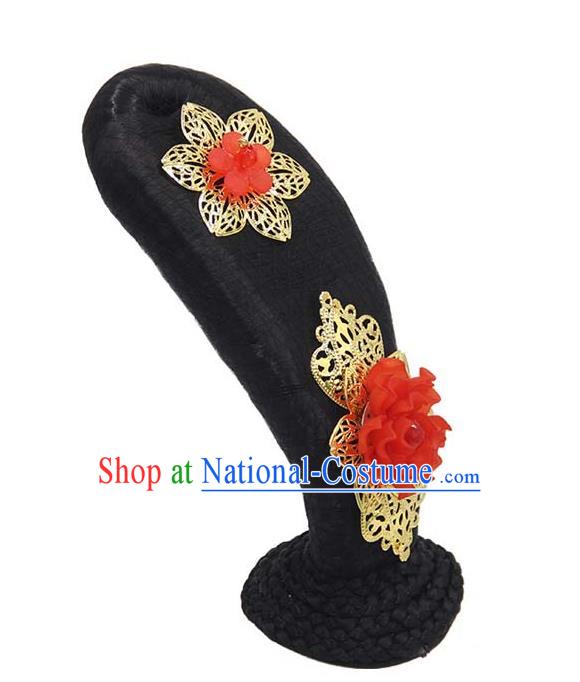 Chinese Traditional Flying Apsaras Hair Chignon Classical Dance Wigs and Red Peony Hairpin