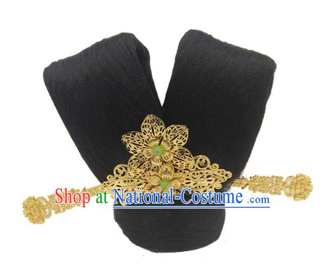 Chinese Traditional Tang Dynasty Palace Lady Wigs Classical Dance Hair Chignon and Tassel Golden Hairpins