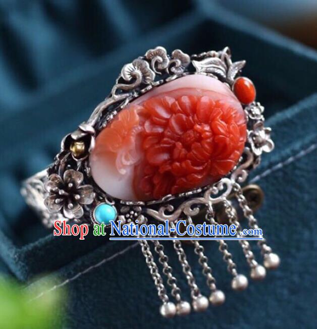 China Handmade Red Jade Carving Peony Bracelet Traditional Jewelry Accessories National Silver Plum Bangle