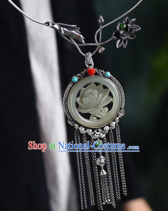 Chinese Classical Silver Tassel Necklet Pendant Handmade Accessories National Jade Carving Lotus Necklace