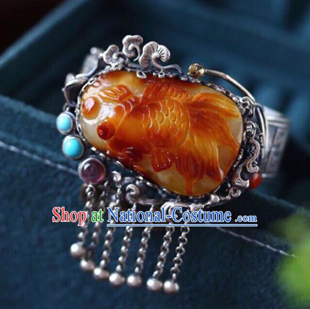 China Handmade Beeswax Carving Goldfish Bracelet Traditional Jewelry Accessories National Silver Tassel Bangle