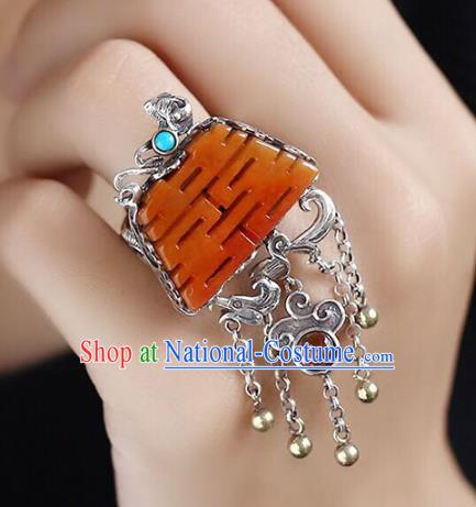 Chinese National Wedding Circlet Jewelry Traditional Handmade Jade Accessories Silver Tassel Ring