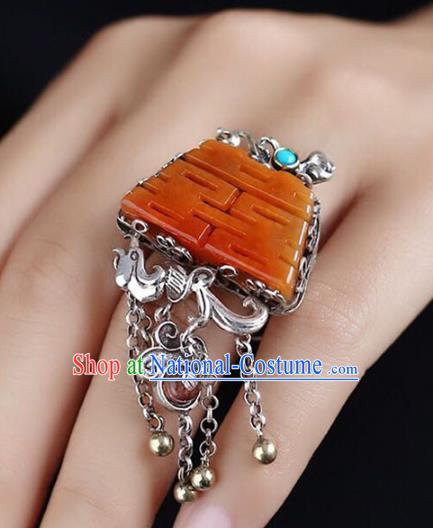 Chinese National Wedding Circlet Jewelry Traditional Handmade Jade Accessories Silver Tassel Ring