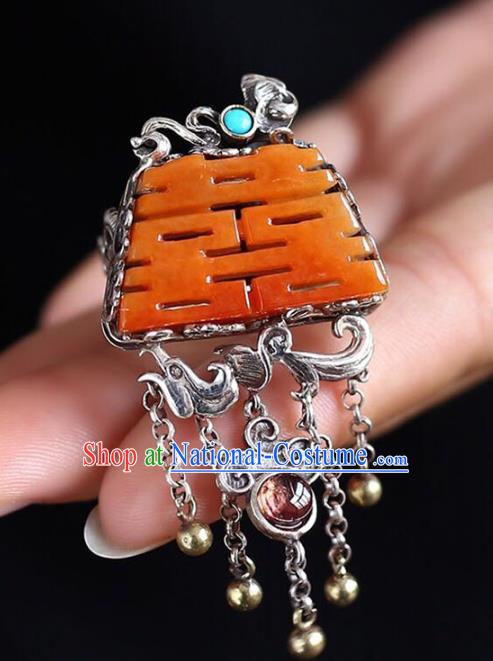 Chinese National Wedding Circlet Jewelry Traditional Handmade Jade Accessories Silver Tassel Ring