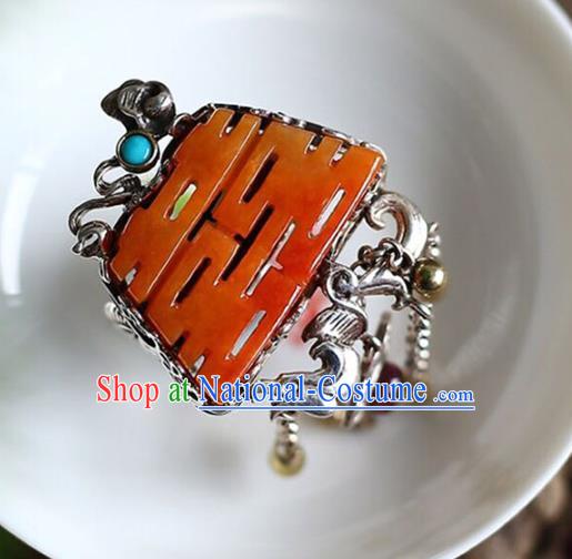 Chinese National Wedding Circlet Jewelry Traditional Handmade Jade Accessories Silver Tassel Ring