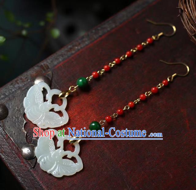 Handmade China Wedding Red Beads Eardrop Jewelry Traditional Accessories National Cheongsam Jade Butterfly Earrings