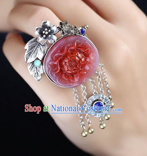 Chinese National Jade Ring Wedding Circlet Jewelry Traditional Handmade Carving Red Peony Accessories