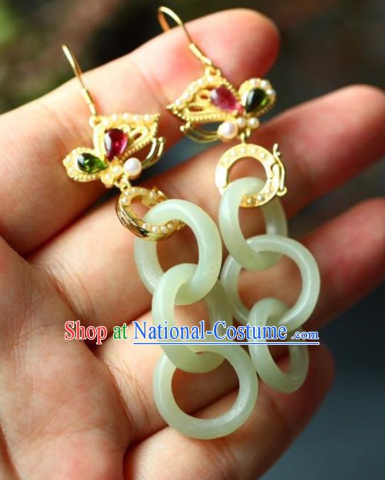 Handmade China Cheongsam Jade Rings Eardrop Traditional Jewelry Accessories National Golden Butterfly Earrings