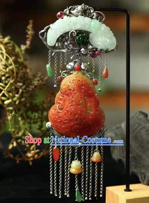 Chinese Handmade Silver Tassel Accessories National Jadeite Necklet Classical Jade Carving Gourd Necklace Pendant