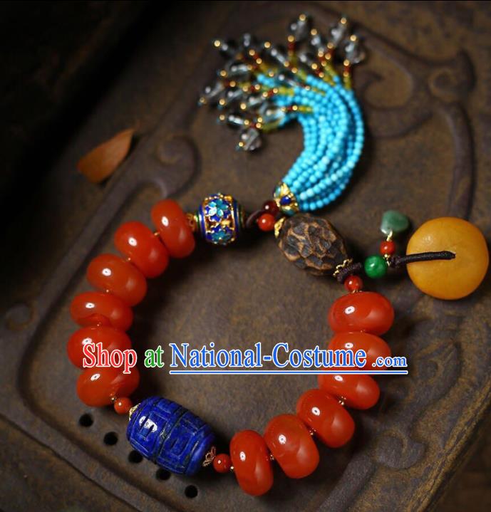 China Handmade Red Bracelet Traditional Lapis Jewelry Accessories National Blue Beads Tassel Bangle