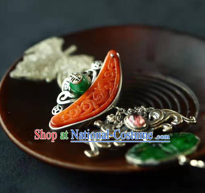 Chinese Handmade Silver Brooch Accessories Traditional National Jade Pendant