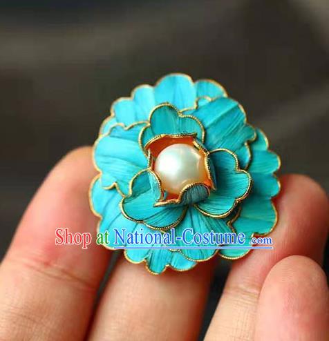 Chinese Handmade Qing Dynasty Pearl Ring Accessories Traditional Ancient Palace Lady Blue Peony Circlet