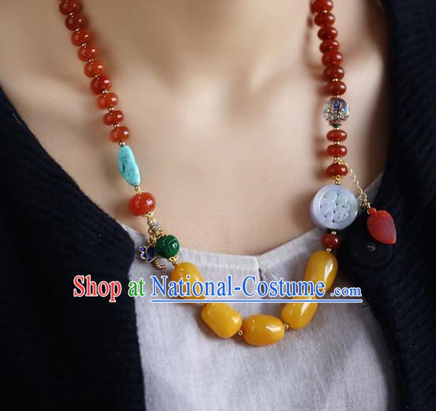 Chinese Handmade Agate Beads Necklet National Classical Necklace Beeswax Accessories