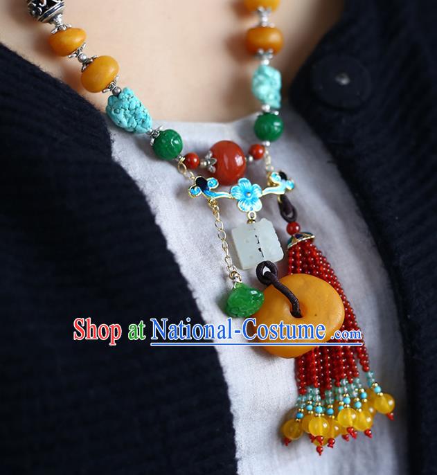 Chinese Handmade Garnet Beads Tassel Necklet National Classical Kallaite Necklace Beeswax Accessories