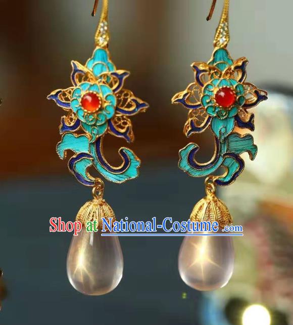 Handmade China Cloisonne Lotus Eardrop Jewelry Traditional Cheongsam Accessories National Rose Quartz Earrings