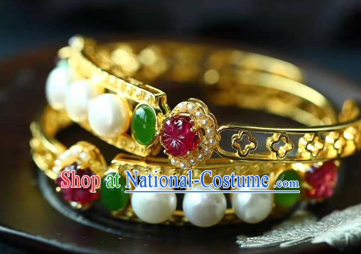 China National Golden Bangle Traditional Qing Dynasty Court Jewelry Accessories Handmade Gems Bracelet