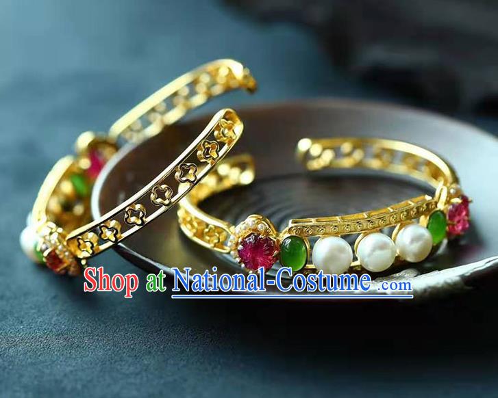 China National Golden Bangle Traditional Qing Dynasty Court Jewelry Accessories Handmade Gems Bracelet