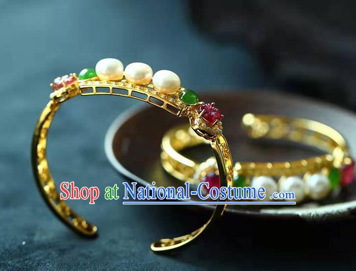 China National Golden Bangle Traditional Qing Dynasty Court Jewelry Accessories Handmade Gems Bracelet