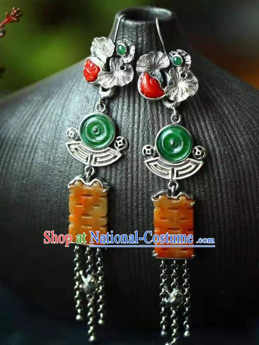 Handmade China Silver Lotus Tassel Eardrop Jewelry Traditional Cheongsam Jade Accessories National Wedding Earrings