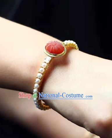 China Traditional Jewelry Accessories Handmade Agate Bracelet National Pearls Golden Bangle