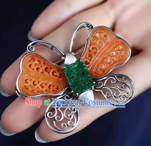 Chinese Handmade Yellow Jade Butterfly Brooch Accessories Traditional Silver Jewelry Breastpin Pendant