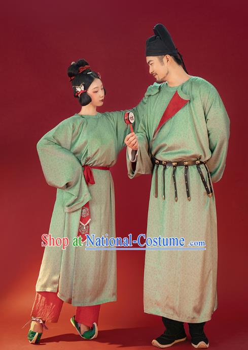 Traditional China Ancient Tang Dynasty Historical Clothing Reversible Green Round Collar Robe for Women for Men