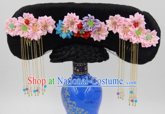 Chinese Qing Dynasty Palace Lady Hair Chignon and Pink Silk Flowers Hairpins Ancient Princess Wigs Great Wing