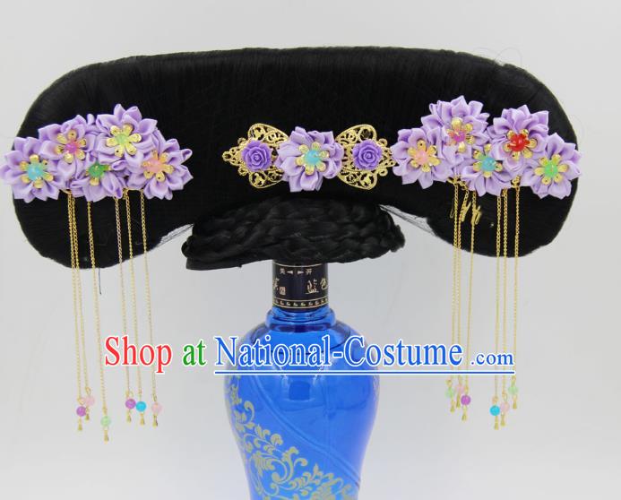 Chinese Ancient Qing Dynasty Palace Princess Great Wing Wigs and Purple Silk Flowers Hairpins