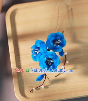 Chinese Qing Dynasty Princess Blue Velvet Plum Hairpin Ancient Court Hair Accessories