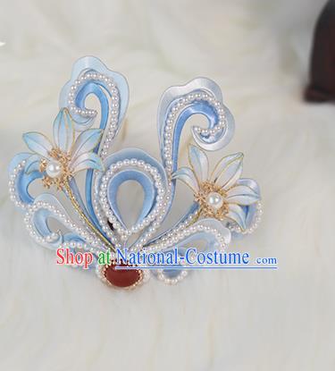 Chinese Ming Dynasty Princess Blue Silk Hair Crown Ancient Court Lady Pearls Hair Accessories