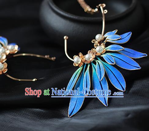 Handmade China Blue Silk Eardrop Jewelry Traditional Accessories National Pearls Earrings