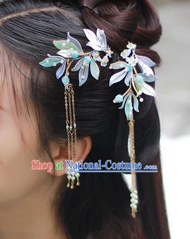 Chinese Traditional Silk Leaf Hairpin Ancient Princess Tassel Hair Stick Hanfu Hair Accessories