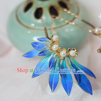 Chinese Traditional Ming Dynasty Hair Stick Ancient Princess Blue Silk Hairpin