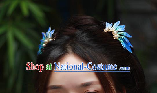 Chinese Traditional Ming Dynasty Hair Stick Ancient Princess Blue Silk Hairpin