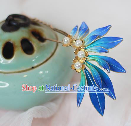 Chinese Traditional Ming Dynasty Hair Stick Ancient Princess Blue Silk Hairpin