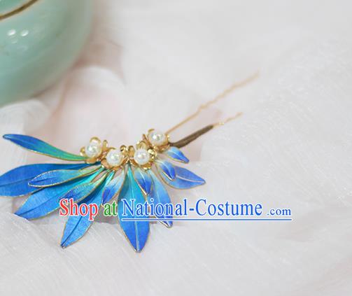 Chinese Traditional Ming Dynasty Hair Stick Ancient Princess Blue Silk Hairpin