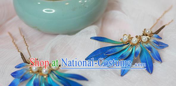 Chinese Traditional Ming Dynasty Hair Stick Ancient Princess Blue Silk Hairpin