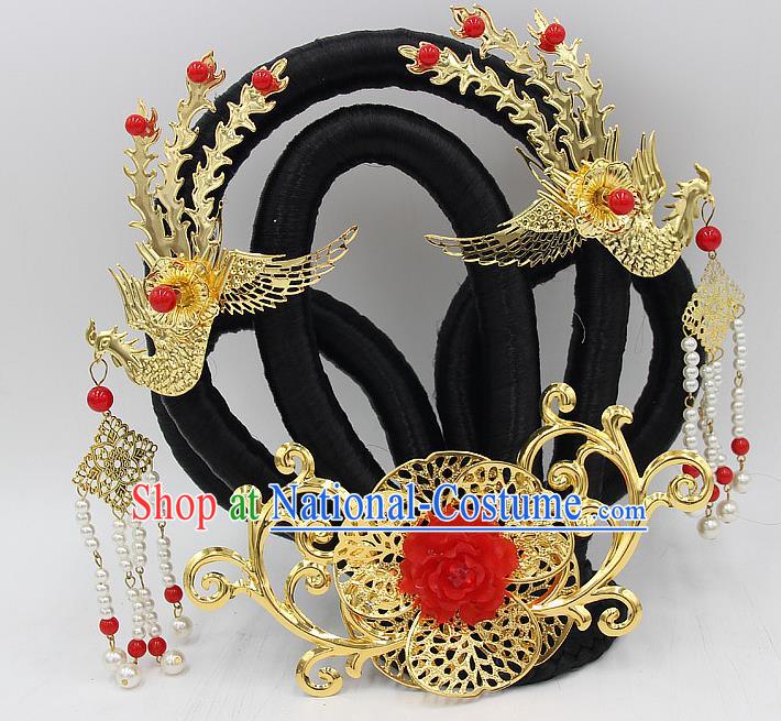 Chinese Ancient Court Lady Wigs Sheath Headwear Tang Dynasty Court Woman Hair Chignon and Golden Phoenix Hairpins