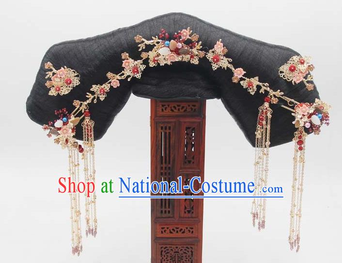 Chinese Qing Dynasty Imperial Consort Hair Chignon and Hairpins Ancient Court Woman Wigs Great Wing Headwear