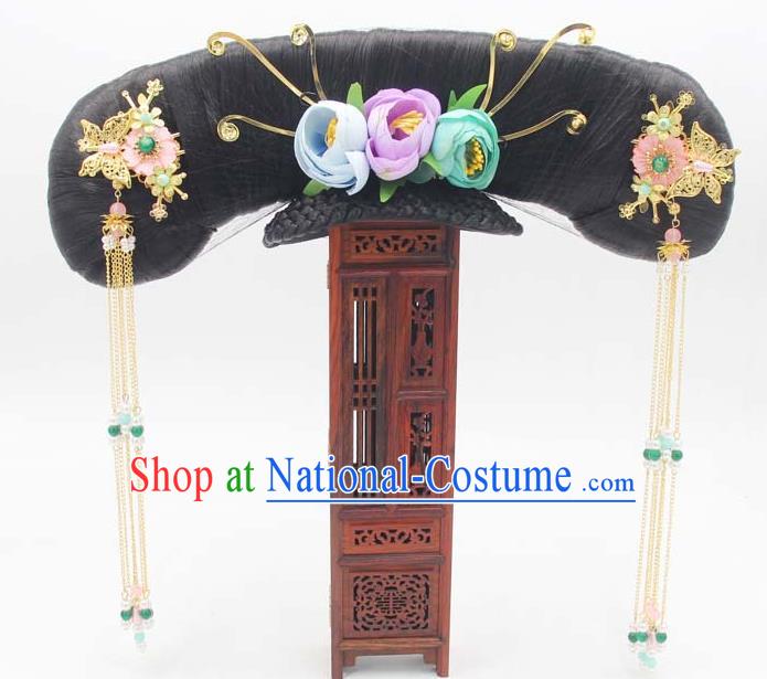 Chinese Qing Dynasty Palace Lady Hair Chignon and Hairpins Ancient Manchu Princess Wigs Great Wing Headwear