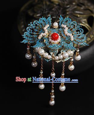 Chinese Traditional Ancient Empress Hair Accessories Ming Dynasty Queen Blueing Phoenix Tassel Hairpin