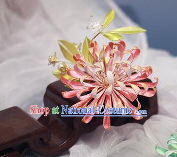 Chinese Traditional Qing Dynasty Pink Silk Chrysanthemum Hairpin Ancient Court Lady Hair Comb