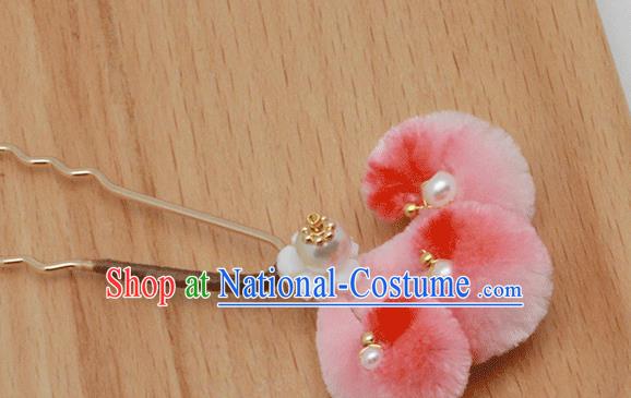 Chinese Ancient Princess Hairpin Pearls Hair Accessories Traditional Hanfu Red Velvet Fox Tail Hair Stick