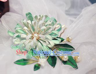 Chinese Traditional Ancient Court Lady Hair Comb Qing Dynasty Green Silk Chrysanthemum Hairpin