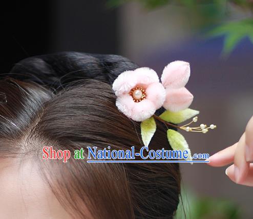 Chinese Traditional Pink Velvet Plum Blossom Hair Stick Hanfu Pearl Hairpin