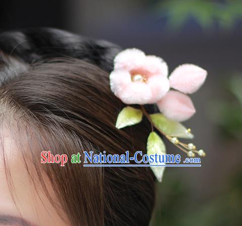 Chinese Traditional Pink Velvet Plum Blossom Hair Stick Hanfu Pearl Hairpin